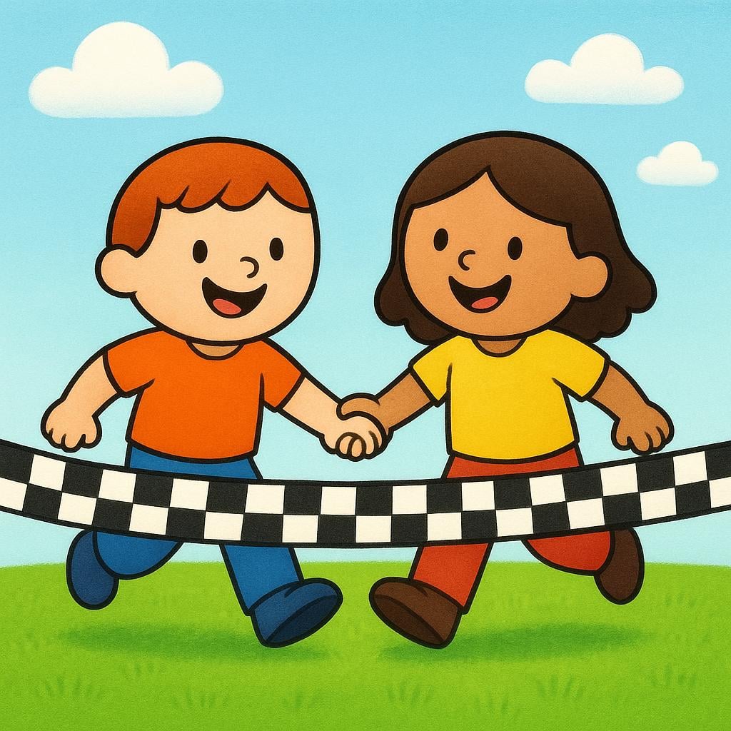 Two simplified colorful storybook figures, representing 'we', smiling and stepping simultaneously over a clear finish line marked by a checkered tape, symbolizing the completion of a task.