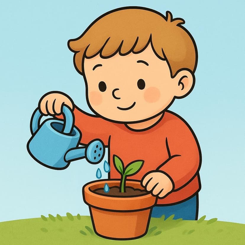 A young child kneels beside a small clay pot and gently waters a tiny green sapling using a miniature watering can, symbolizing care.
