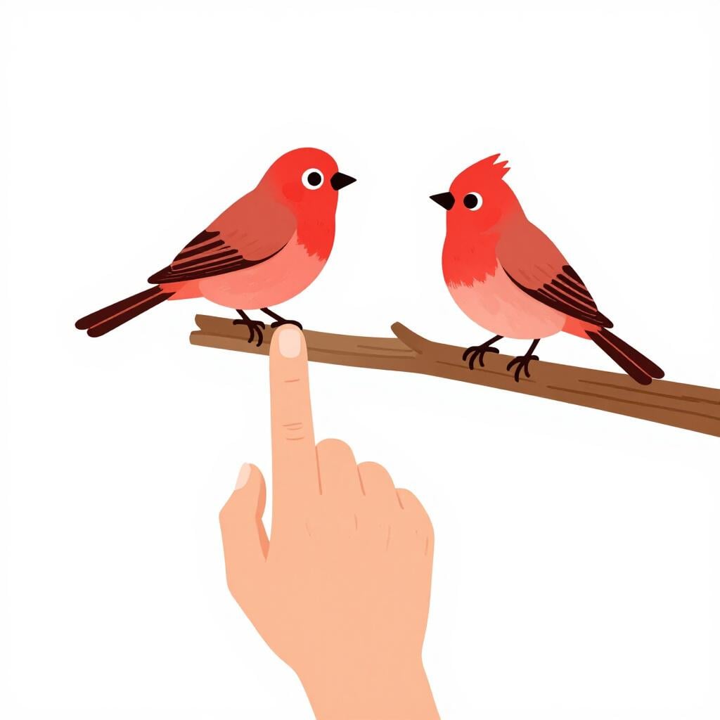 A hand with an extended index finger pointing towards a small red bird perched on a tree branch.