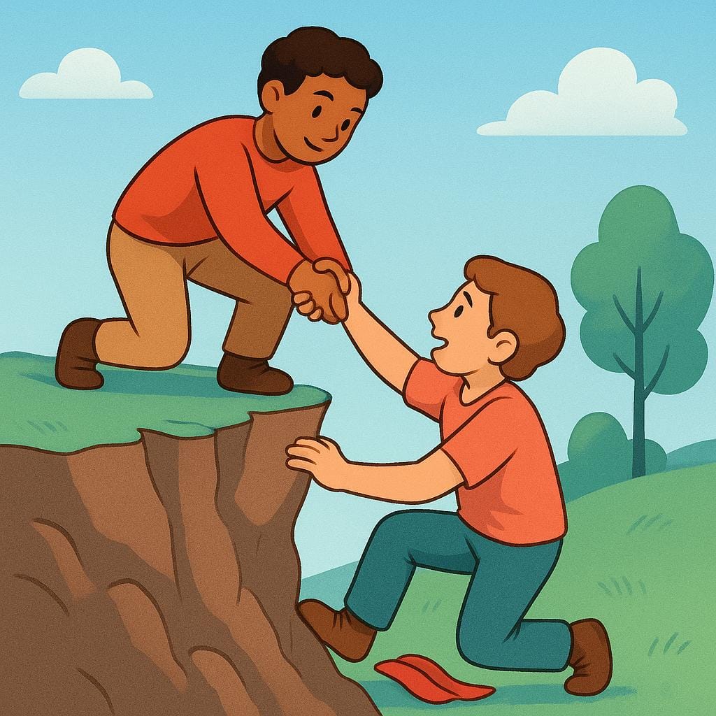 Two cheerful friends holding hands firmly while one helps the other climb a small obstacle, symbolizing a true and loyal friendship.