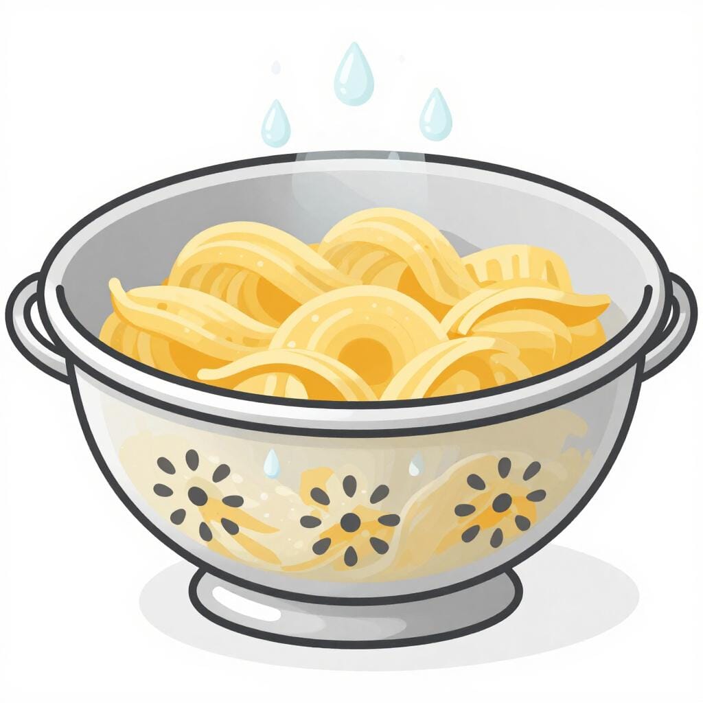 A metal colander filled with cooked pasta, with water droplets falling through the holes into a sink.