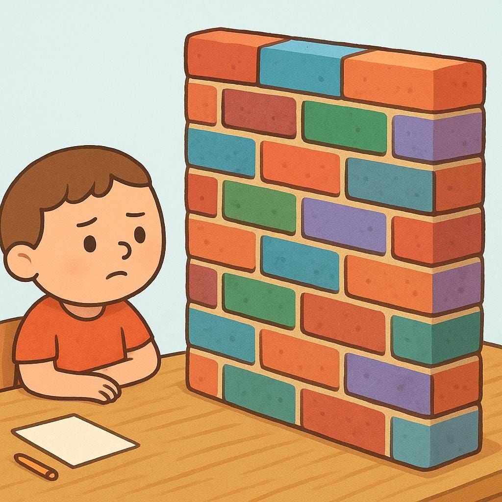 A simple cartoon character sitting at a desk with an open book, looking frustrated because a large, colorful brick wall has suddenly appeared on the desk, symbolizing a mental block.