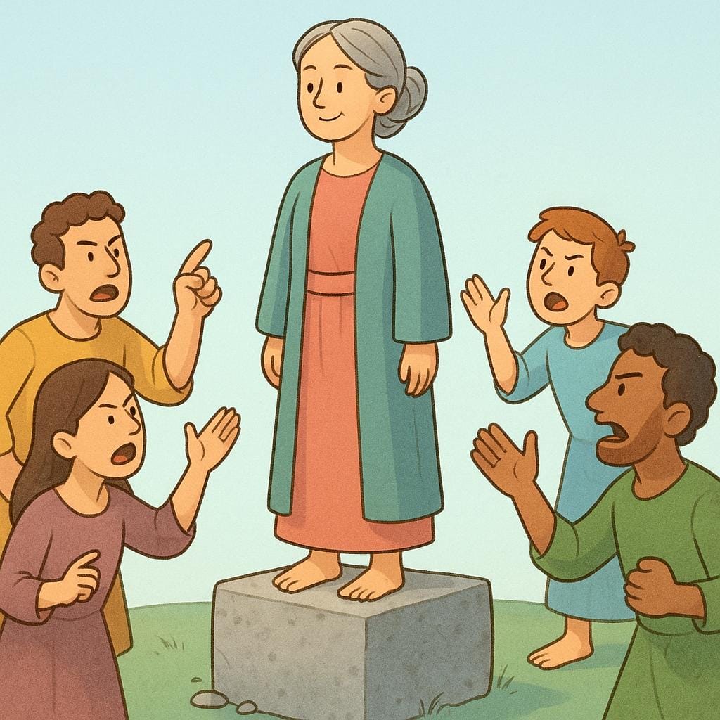 A person standing firmly and calmly on a small, stable stone block while several other figures nearby gesture in disagreement.