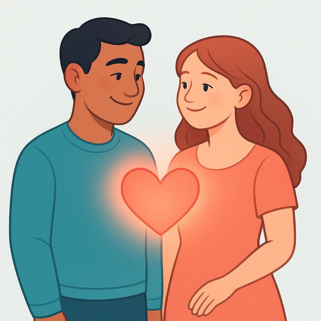 Zwei stilisierte Figuren, ein Mann und eine Frau, die sich warm anlächeln, wobei ein leuchtendes Herz zwischen ihnen schwebt und eine emotionale Verbindung symbolisiert.