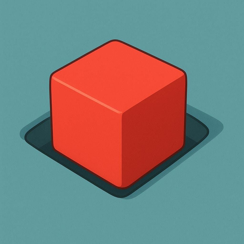 A red square puzzle piece perfectly inserted into a corresponding red square outline on a blue surface.