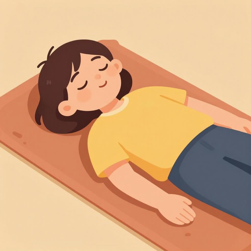 Een persoon die vredig op een zacht kleed ligt met gesloten ogen, ogenschijnlijk flauwgevallen.