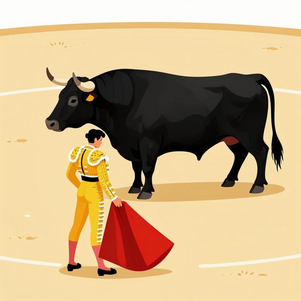 A matador in a traditional gold-trimmed suit holding a large red cape in front of a bull in a sandy arena.