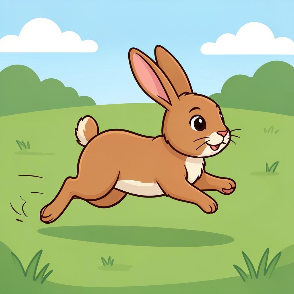 A small rabbit running quickly across a grassy field, leaving a trail of dust behind it.