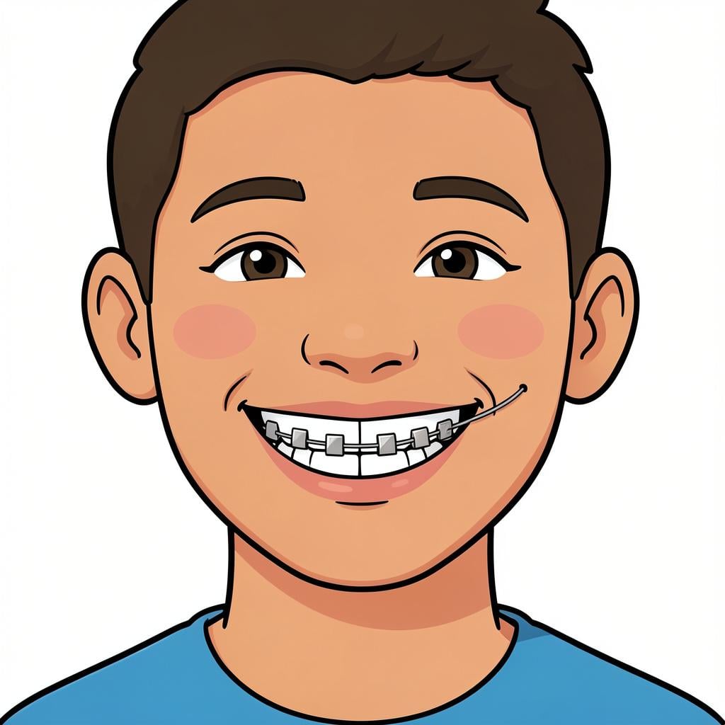A wide smile showing teeth with silver dental braces on them.