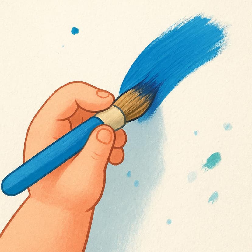 Un bambino piccolo è concentrato a dipingere, tenendo in mano e premendo attivamente un pennello blu su una piccola tela bianca, dimostrando l'azione di usare un oggetto.
