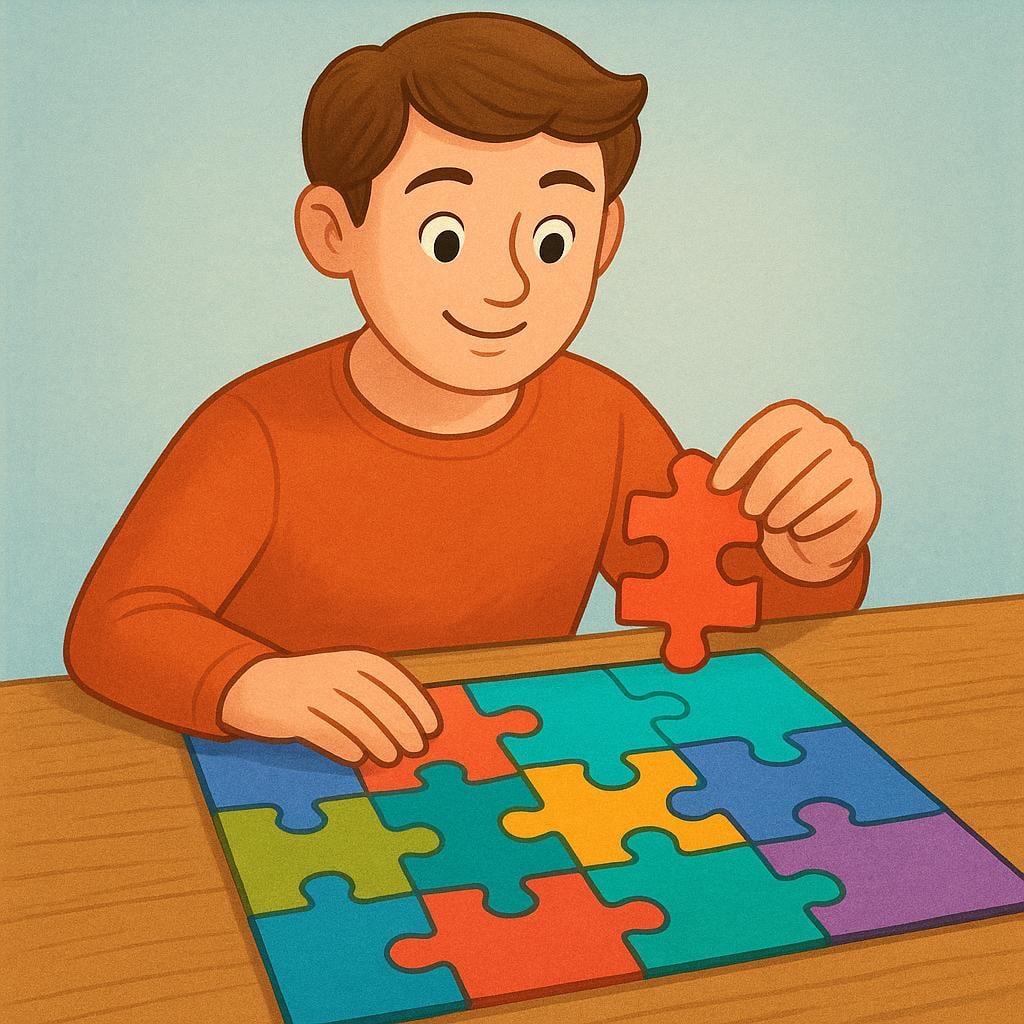 A person sitting at a wooden table, successfully placing the very last piece into a colorful jigsaw puzzle, showing a look of sudden clear understanding.