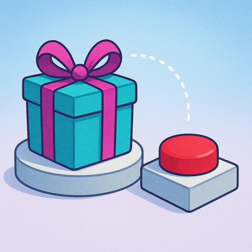 A closed, wrapped gift box sits on a pedestal next to a large, bright red button. A dotted line connects the button to the box, visually representing that the box opening is conditional upon pressing the button.