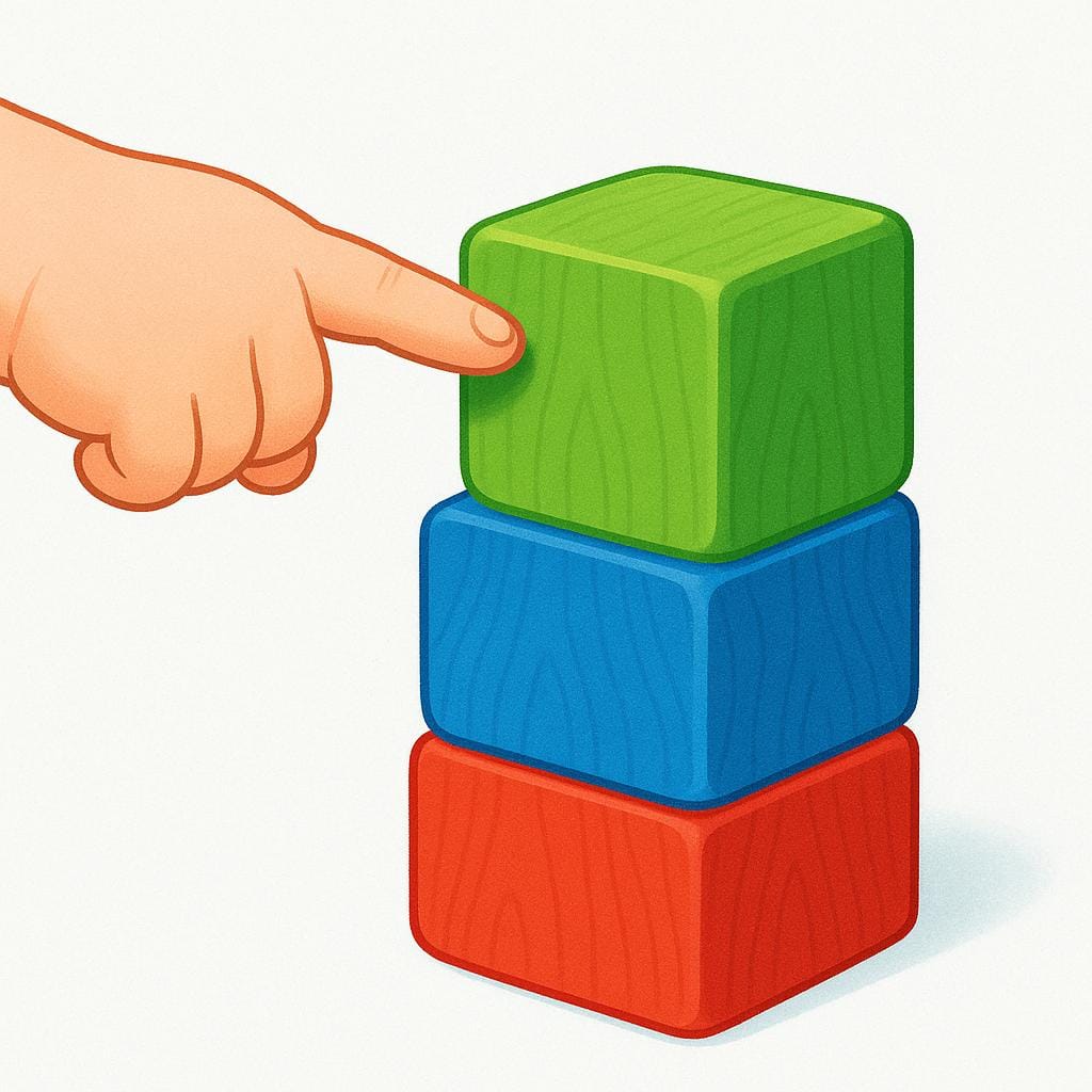 Una piccola mano di bambino indica una pila di tre blocchi di legno colorati, indicando l'atto di contare.