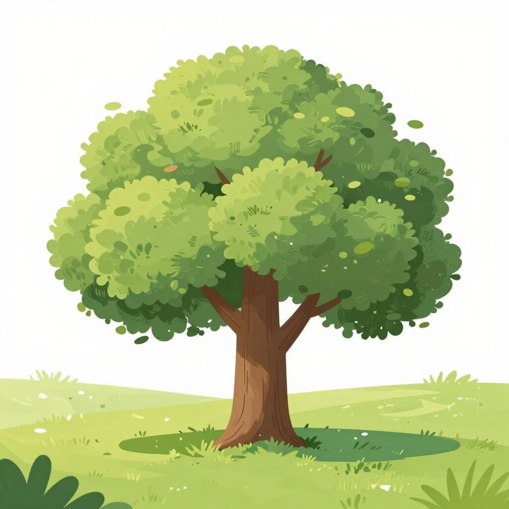 Een grote, bladerrijke kastanjeboom die in een groen veld staat.