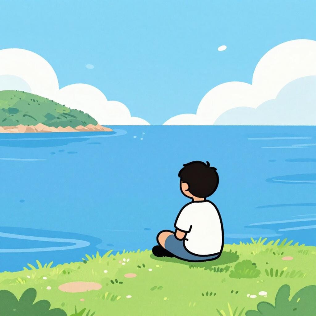A lonely figure sitting on a small island with a single tree, looking across the water at a far-off land.