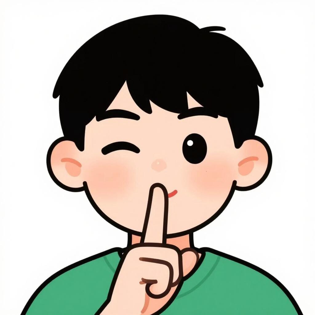 Een persoon met een speelse uitdrukking, die één oog dichtknijpt en een vinger op de lippen legt in een geheimzinnig gebaar.