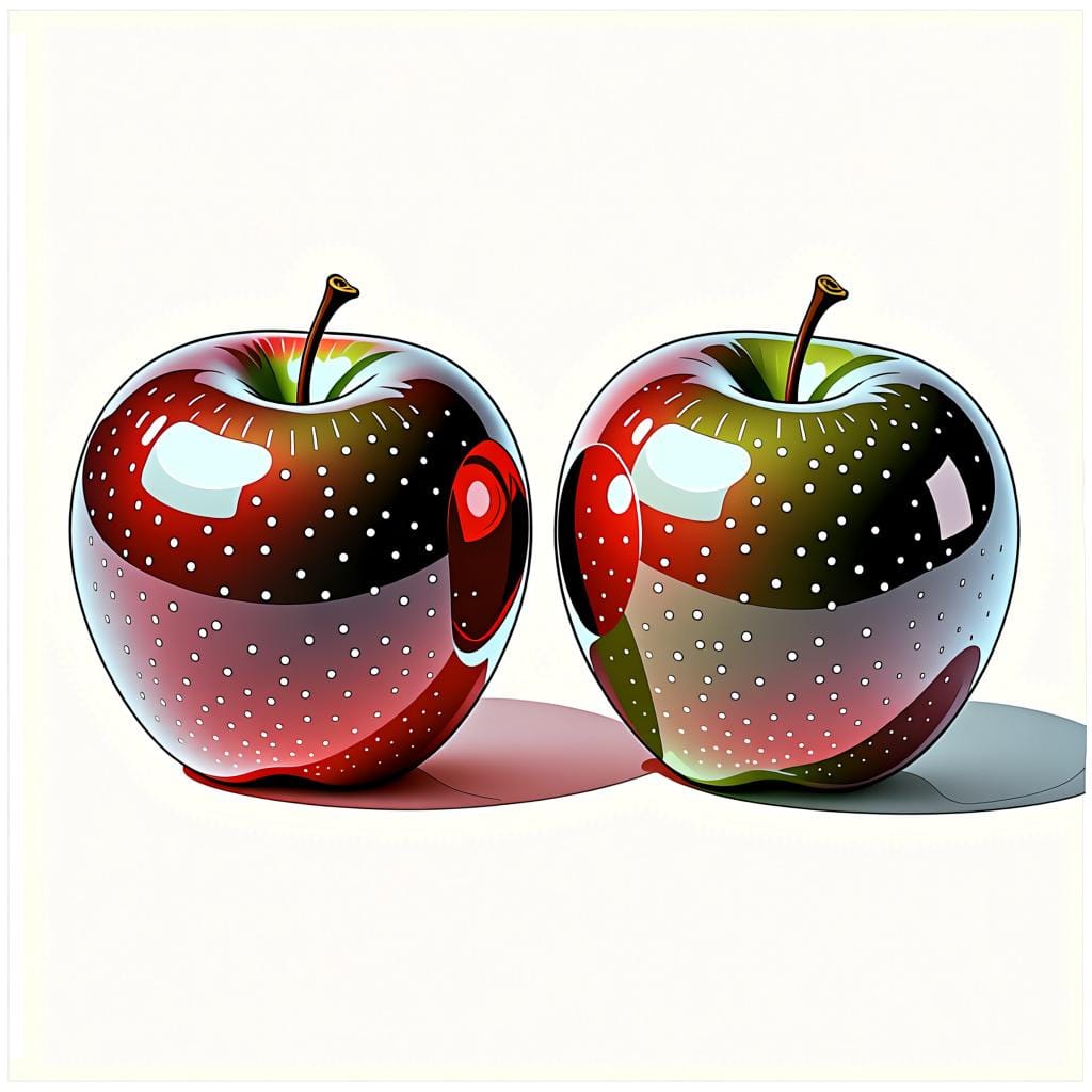 きれいに白い表面に並べられた、全く同じ明るい赤リンゴ2つ。同一であることを象徴している。