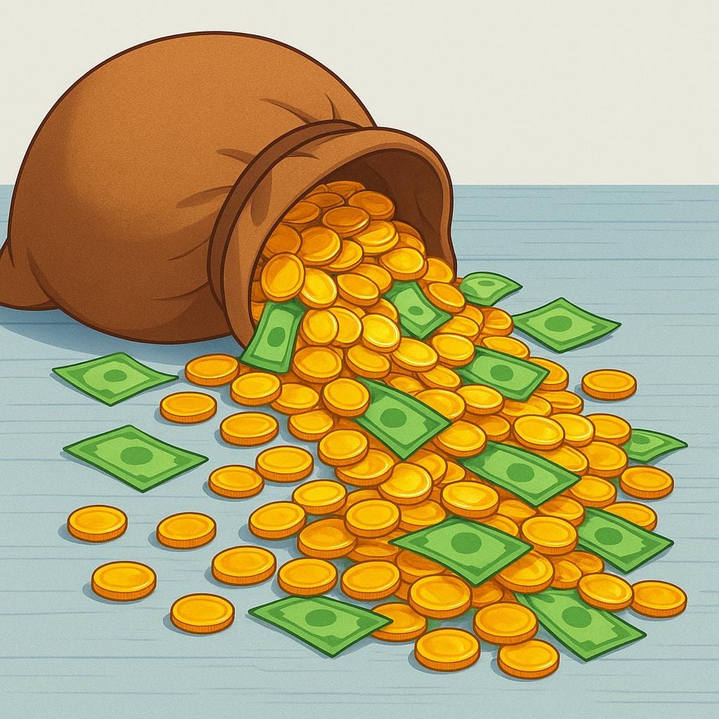 Ein übergroßer brauner Sack, der umgekippt ist, wobei ein massiver, kontinuierlicher Strom von Goldmünzen und grünem Papiergeld auf den Boden strömt, was einen massiven Ressourcenverlust symbolisiert.
