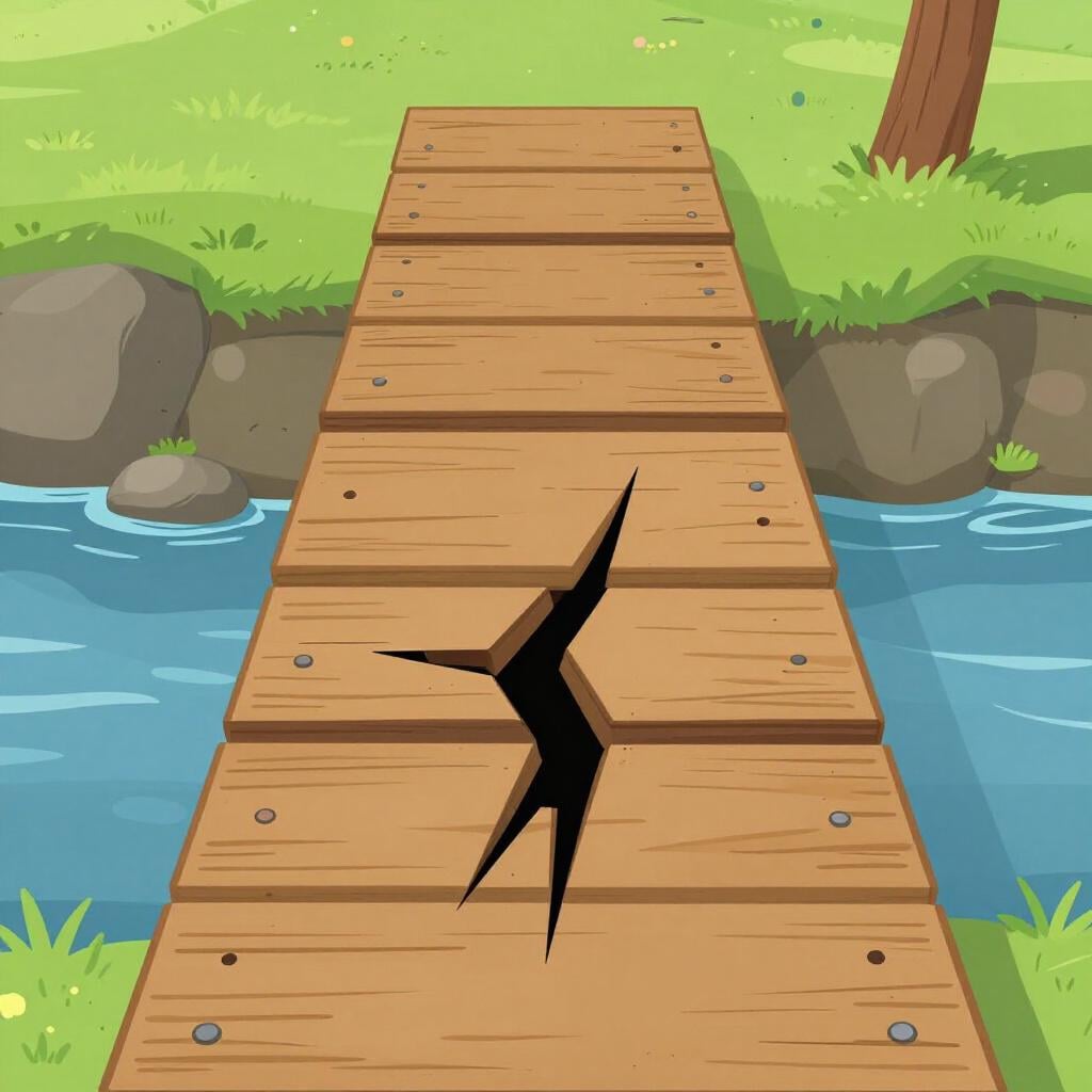 A wooden bridge with a large crack in the middle, making it unsafe to cross.
