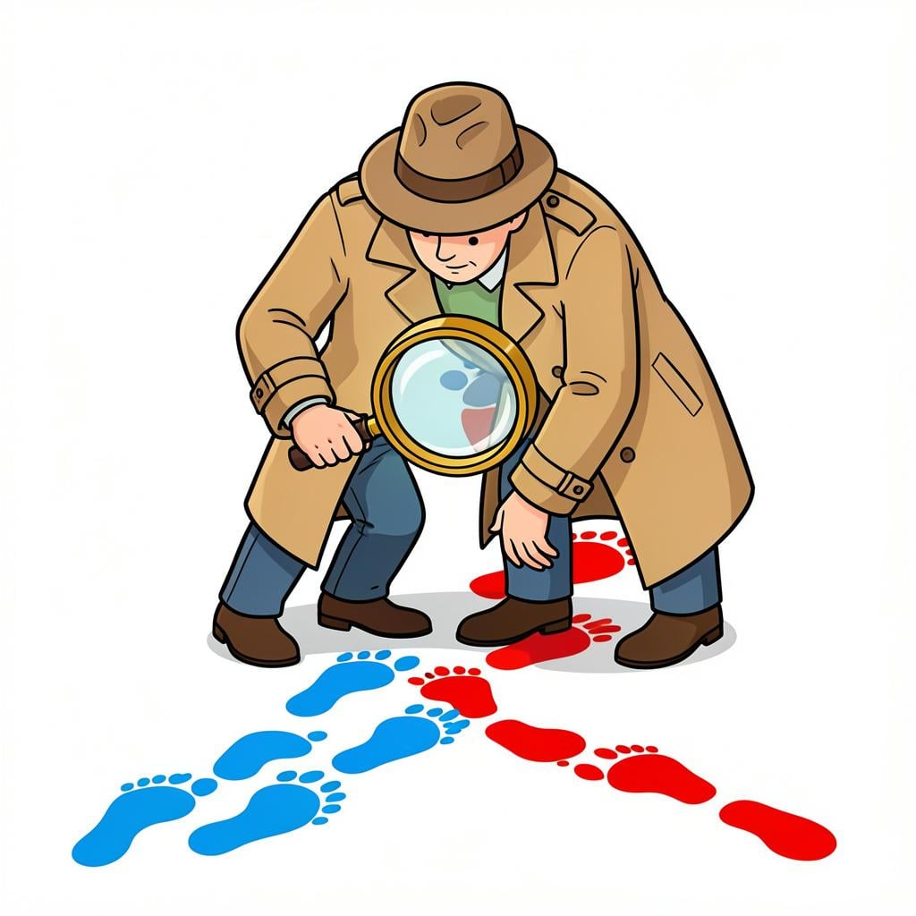A person in a trench coat holding a magnifying glass while following a trail of colorful footprints.