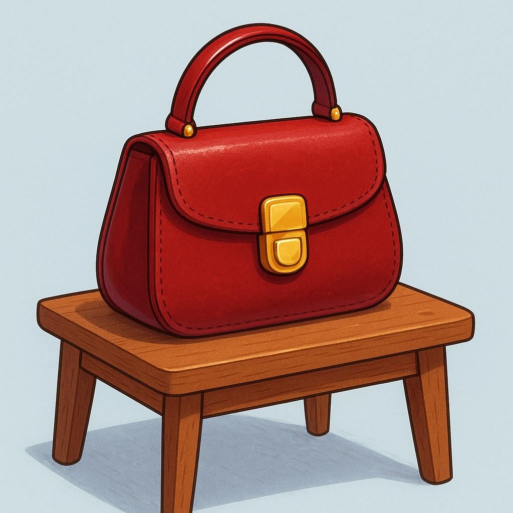 A stylish red leather handbag with a prominent gold clasp resting on a small wooden table.