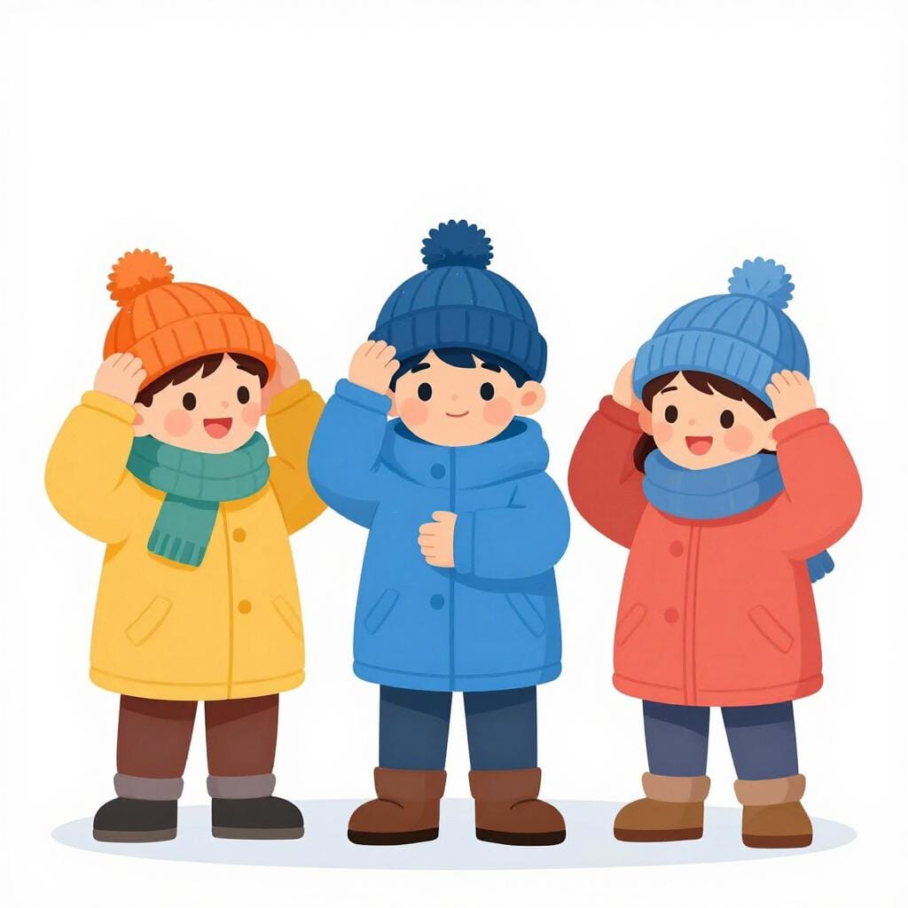 Um grupo de crianças vestindo seus casacos de inverno coloridos e chapéus.