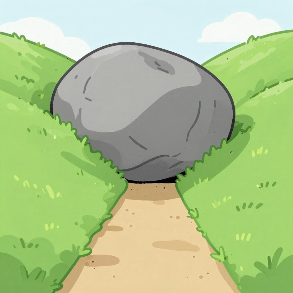A large boulder sitting in the middle of a narrow dirt path, completely stopping any movement forward.