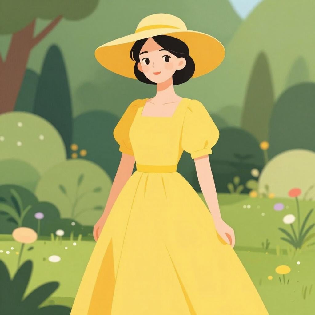 Een goed geklede vrouw in een felgele jurk en een stijlvolle hoed, die elegant oogt.