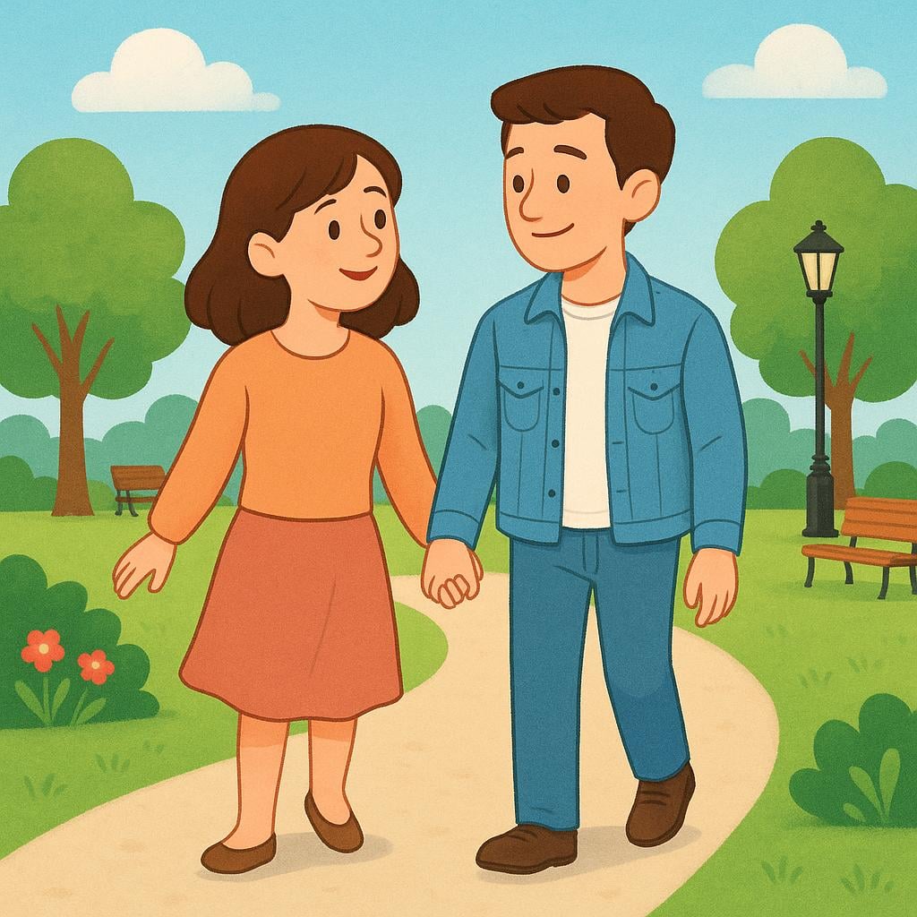 A young man and woman walking side-by-side down a path, holding hands and smiling, symbolizing dating.