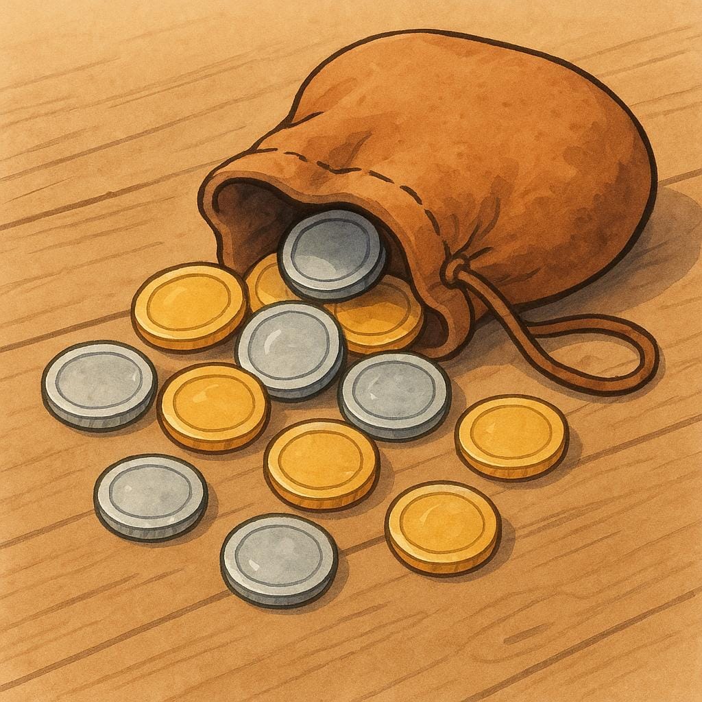 A small pile of various shiny metal coins spilling out of a worn leather pouch onto a wooden surface.
