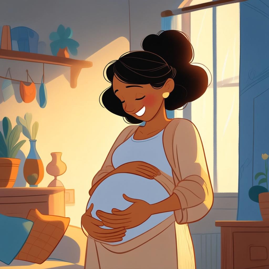 A warmly lit, pregnant woman standing in a cozy room, smiling down and gently holding her belly, illustrating anticipation or expecting a baby.