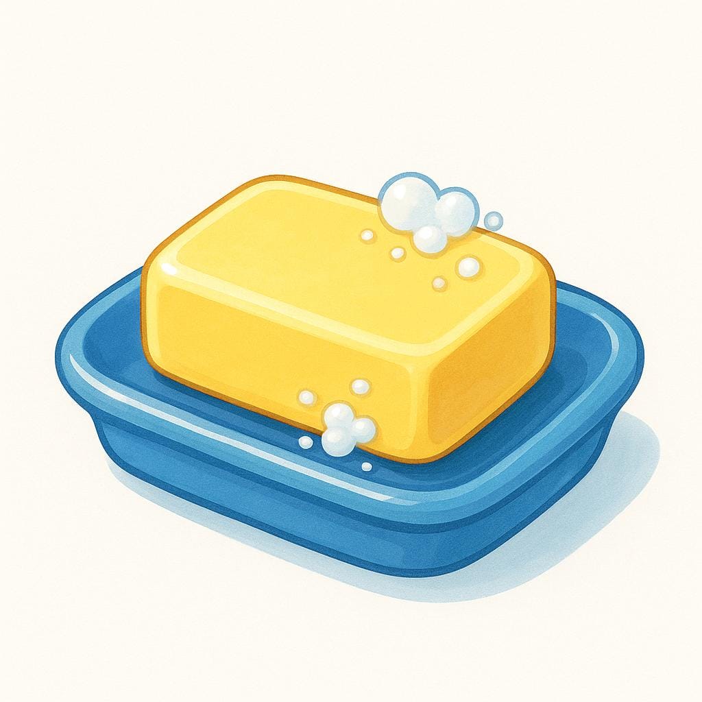A simple rectangular bar of yellow soap resting on a blue ceramic soap dish with visible white bubbles.