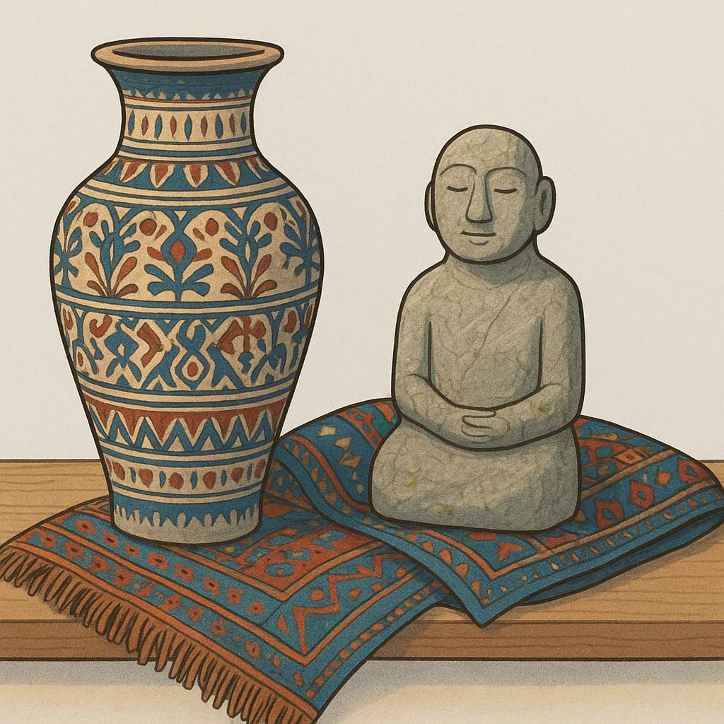 A collection of three representative cultural artifacts displayed together: a detailed ceramic vase with ancient patterns, a small carved stone statue, and a piece of richly patterned woven fabric.