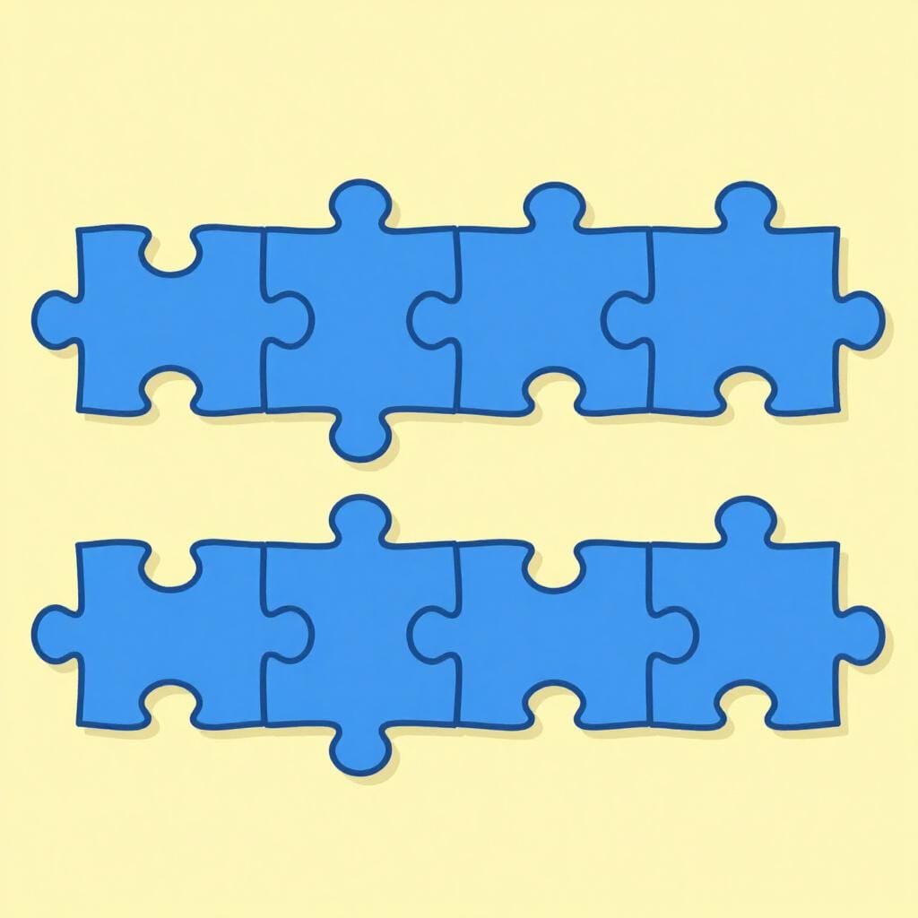 A row of identical blue puzzle pieces fitting together perfectly in a straight line.