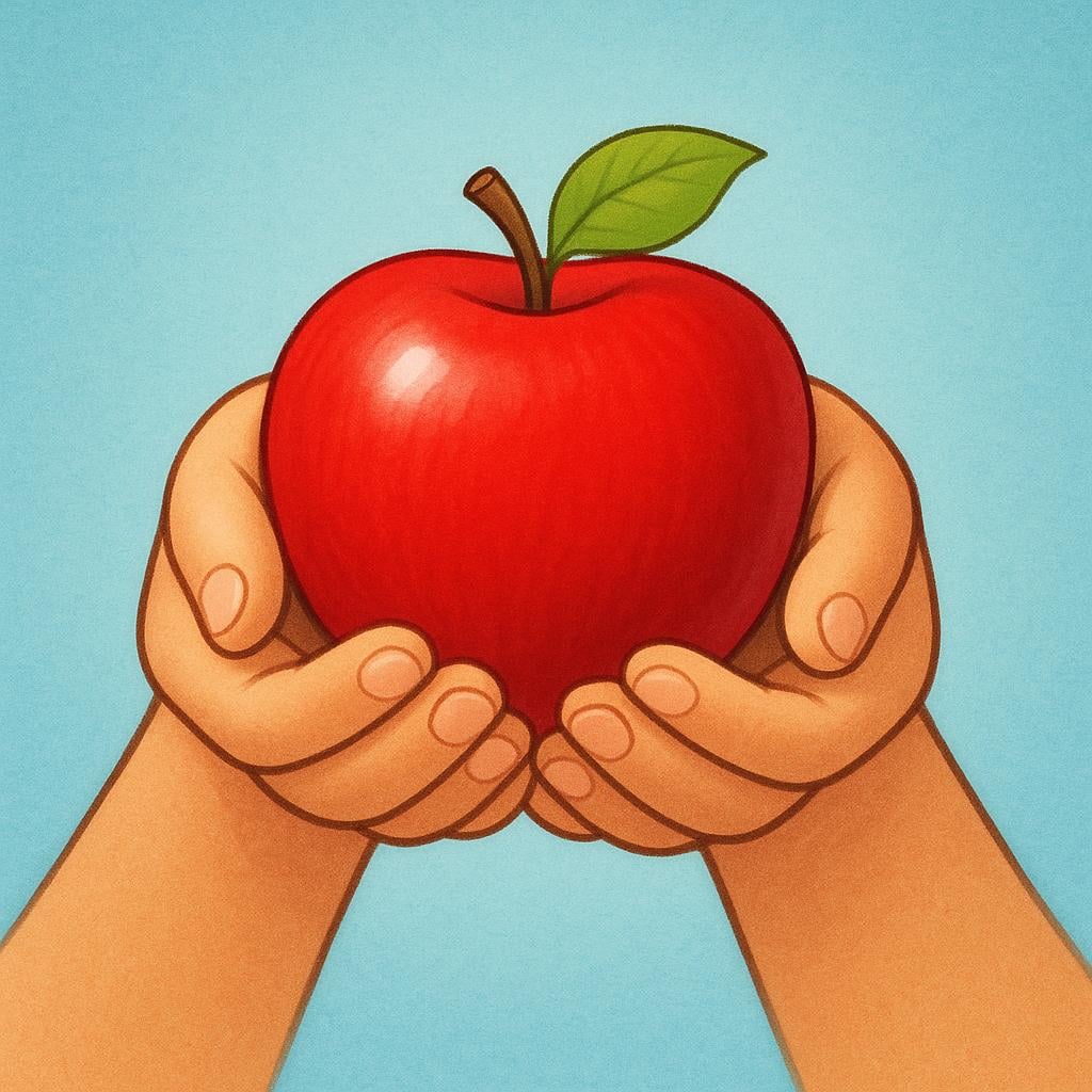 The hands of a person securely holding a single shiny red apple, symbolizing retaining possession of an item.