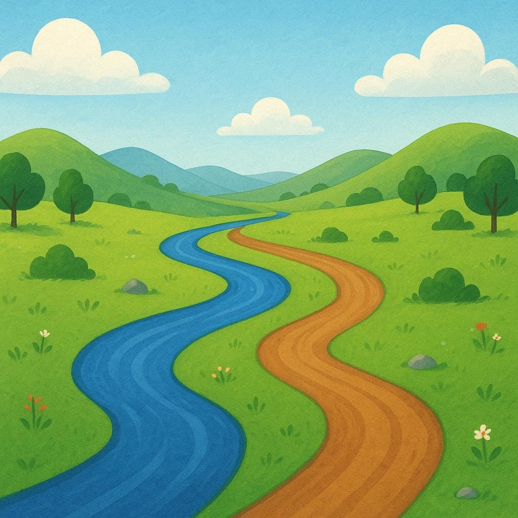 An illustration showing a winding river and a separate hiking trail unexpectedly converging into a single point in a green valley, symbolizing chance or coincidence.