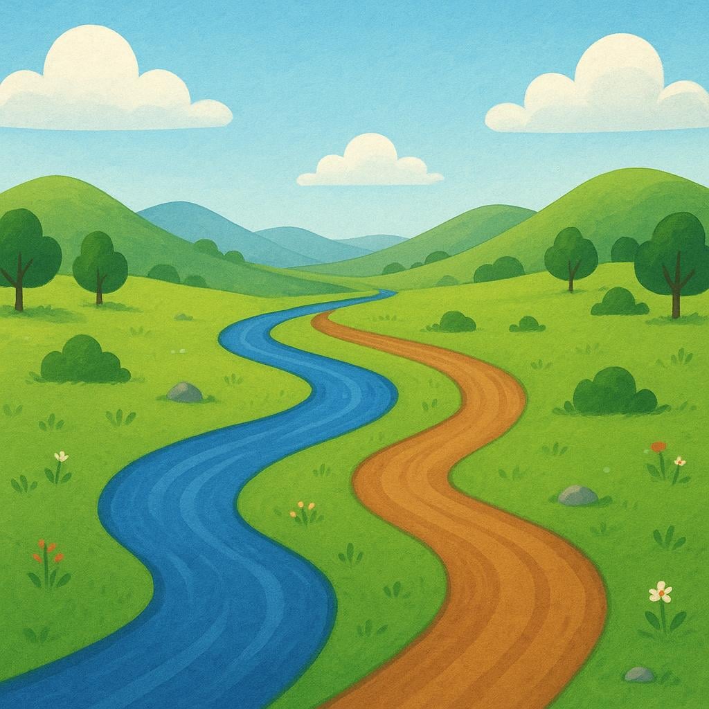 An illustration showing a winding river and a separate hiking trail unexpectedly converging into a single point in a green valley, symbolizing chance or coincidence.