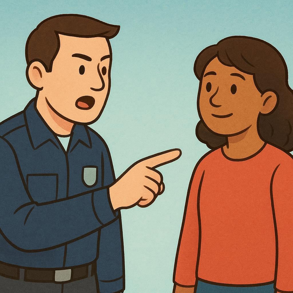 A person in a blue uniform points decisively, giving an order to another person who is listening closely and standing at attention.
