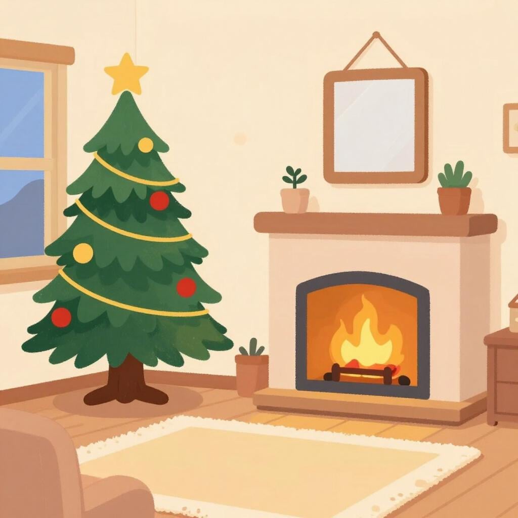 A cozy living room scene with a glowing fireplace, a decorated pine tree with ornaments, and a warm, festive atmosphere.