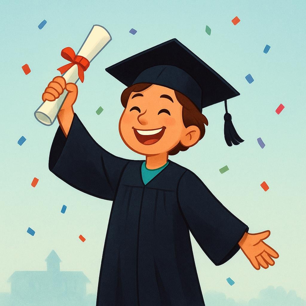 A student in a graduation cap and gown smiles broadly while holding a diploma scroll triumphantly overhead, symbolizing the achievement of a goal.