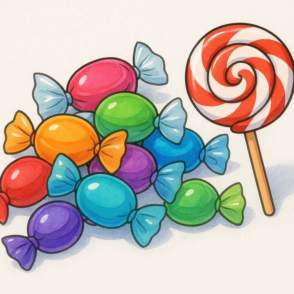 A collection of vibrant, individually wrapped hard candies and a simple spiral lollipop resting on a light surface, illustrating the general concept of sweets.