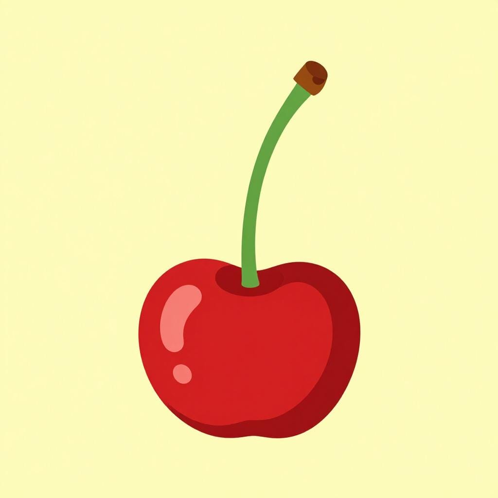 Une seule cerise rouge vif avec une longue tige verte attachée.