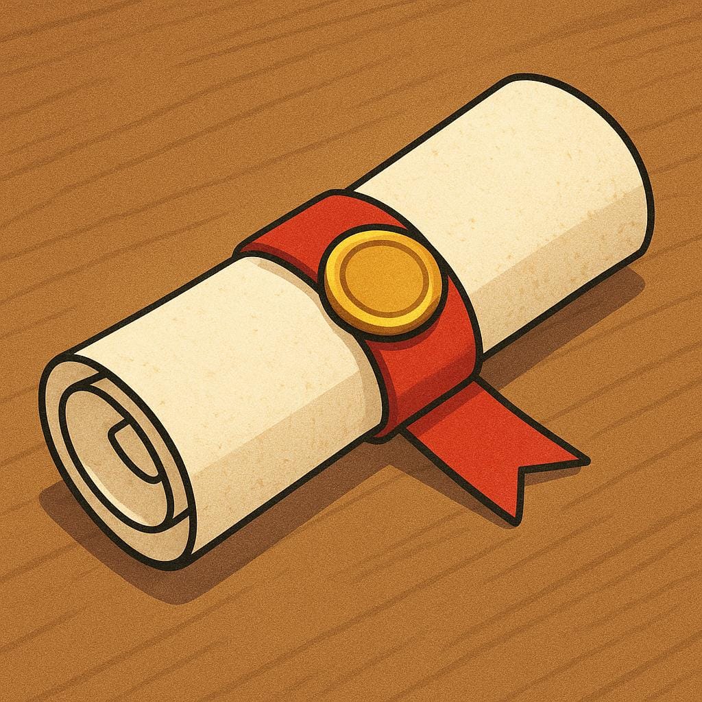 Een dik, opgerold officieel document beveiligd met een rood lint en zegel, rustend op een eenvoudige houten bureau, wat formele regels of plannen voorstelt.