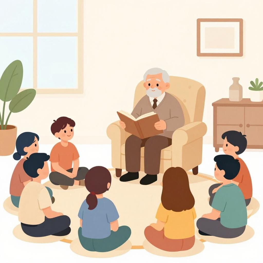 An elderly person sitting in a large armchair, surrounded by younger people listening intently.