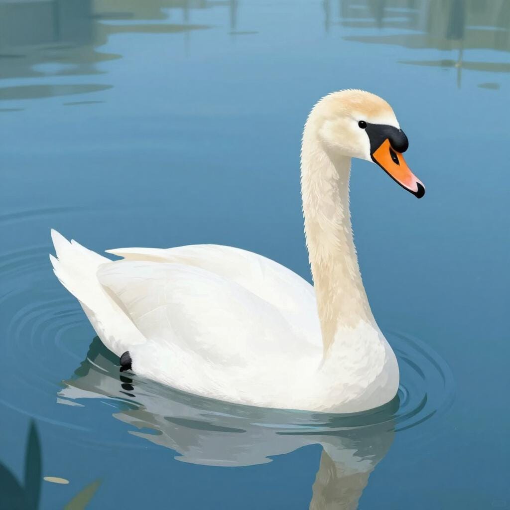 A graceful white swan with an orange beak floating calmly on a blue pond.