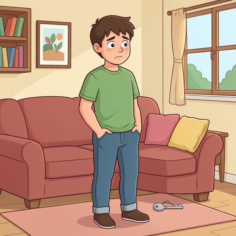 A person looking confused while searching through their empty pockets for a set of keys.