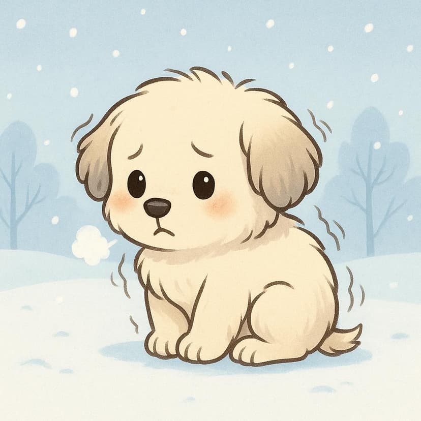A small, cute puppy standing in the cold, visibly shivering with small vibration lines around its body.