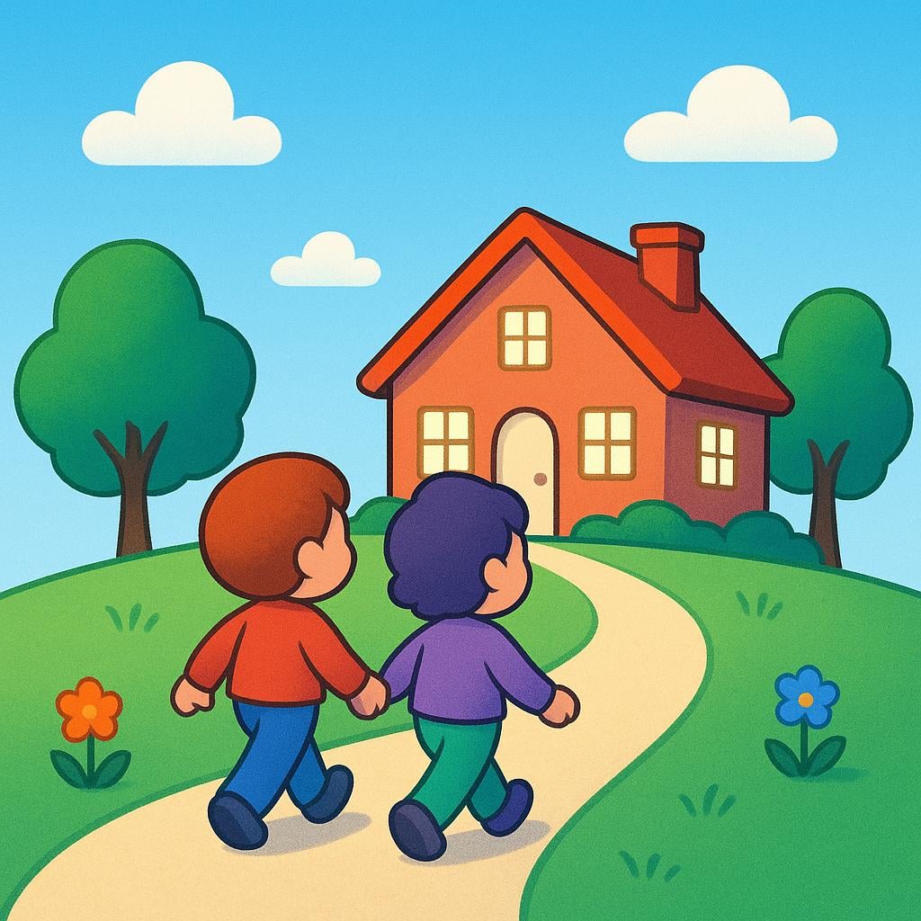 Two small figures walking happily down a green path toward a cozy, brightly lit house in the distance, illustrating the concept of returning to a location.