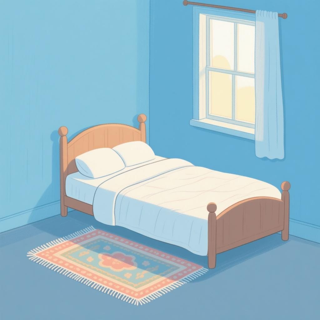 A simple, cozy bedroom containing a bed, a window, and a small nightstand, illustrating a room within a house.