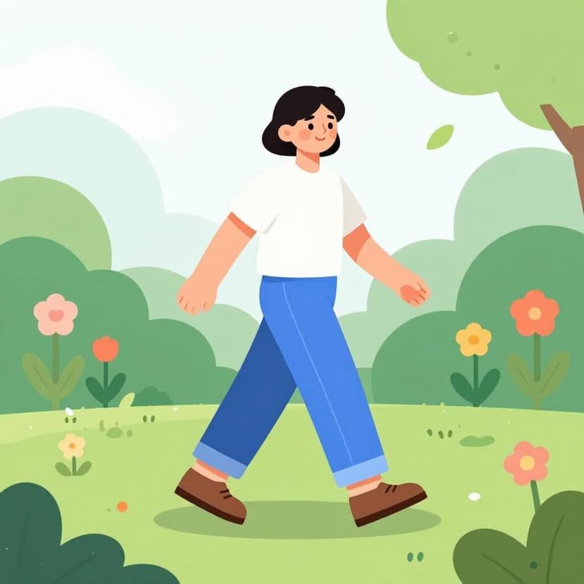 Une personne joyeuse souriant et marchant dans un jardin ensoleillé, paraissant en bonne santé et pleine d'énergie.